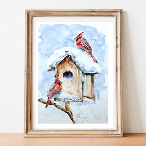 Pintura original de un pájaro de jardín en invierno, acuarela de un pájaro pequeño en un entorno invernal azul grisáceo, posado en un comedero para pájaros.