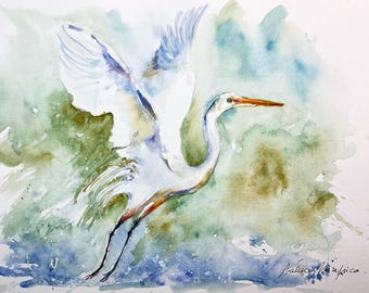 オリジナルの水彩画に描かれた白い白鷺、湖の上を飛ぶ雄大で優雅な白い