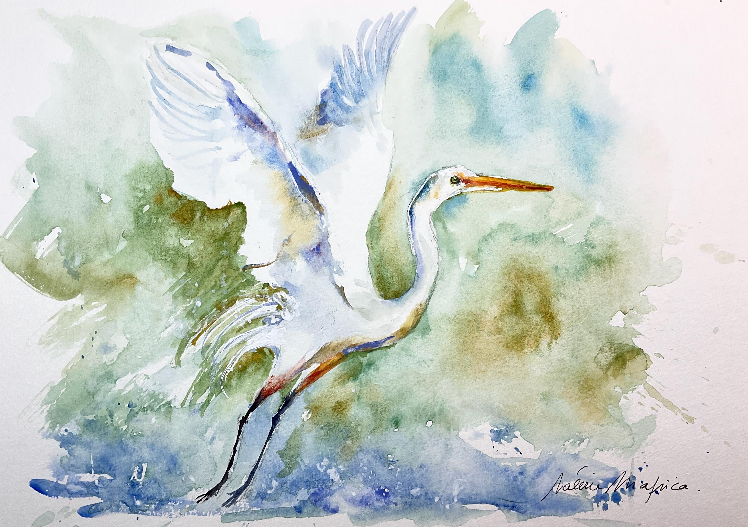 オリジナルの水彩画に描かれた白い白鷺、湖の上を飛ぶ雄大で優雅な白い