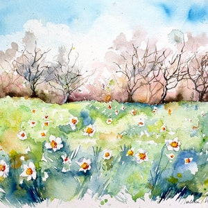 Campo di narcisi primaverili e paesaggio di alberi in acquerello originale, fiori e paesaggio naturale da parete da regalare