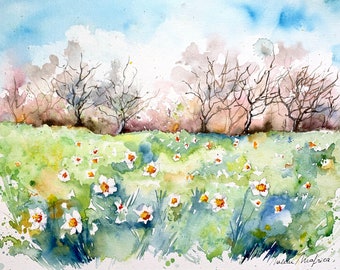 Landscape of daffodil fields and trees in spring in original watercolor, landscape wall art of flowers and nature to offer
