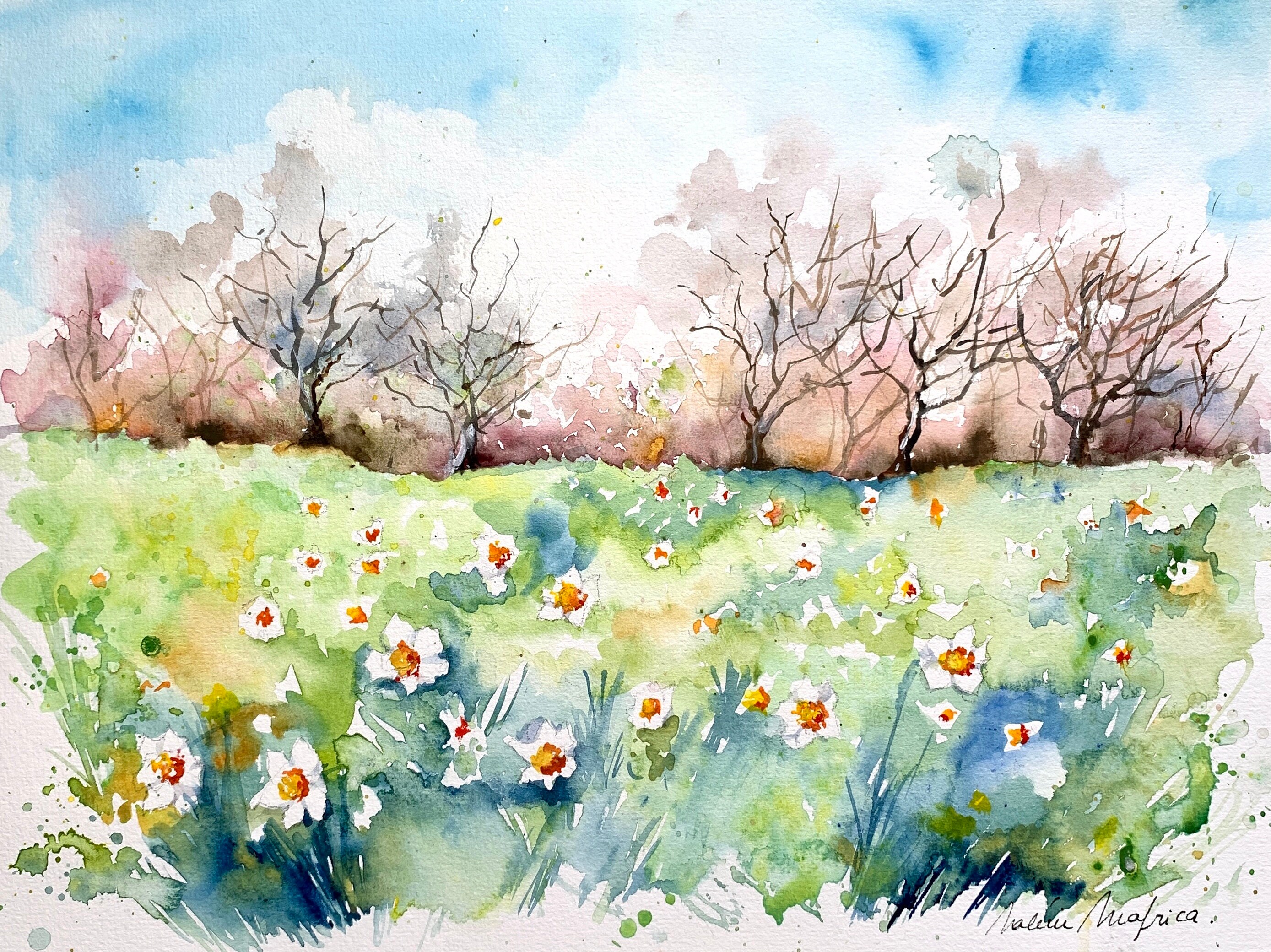 水彩画 春 額入り オリジナル 絵画