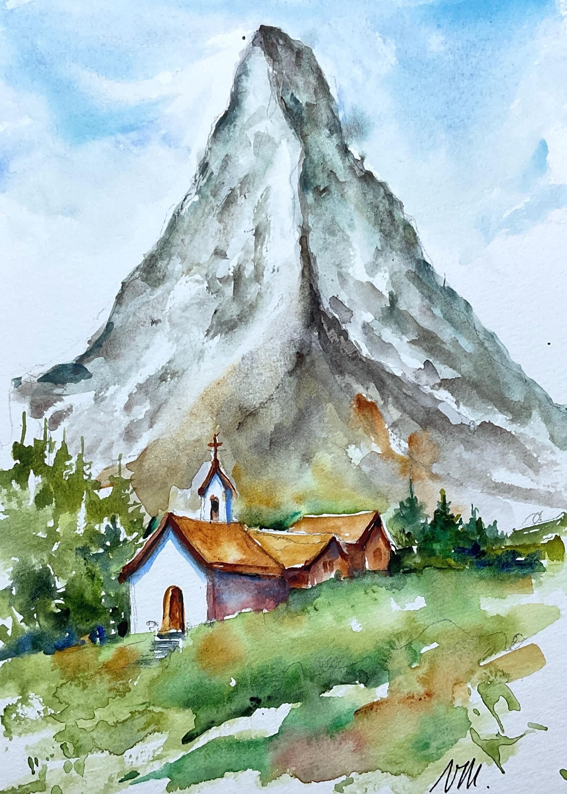 夏のマッターホルンの水彩画。スイスアルプスのマッターホルンの風景