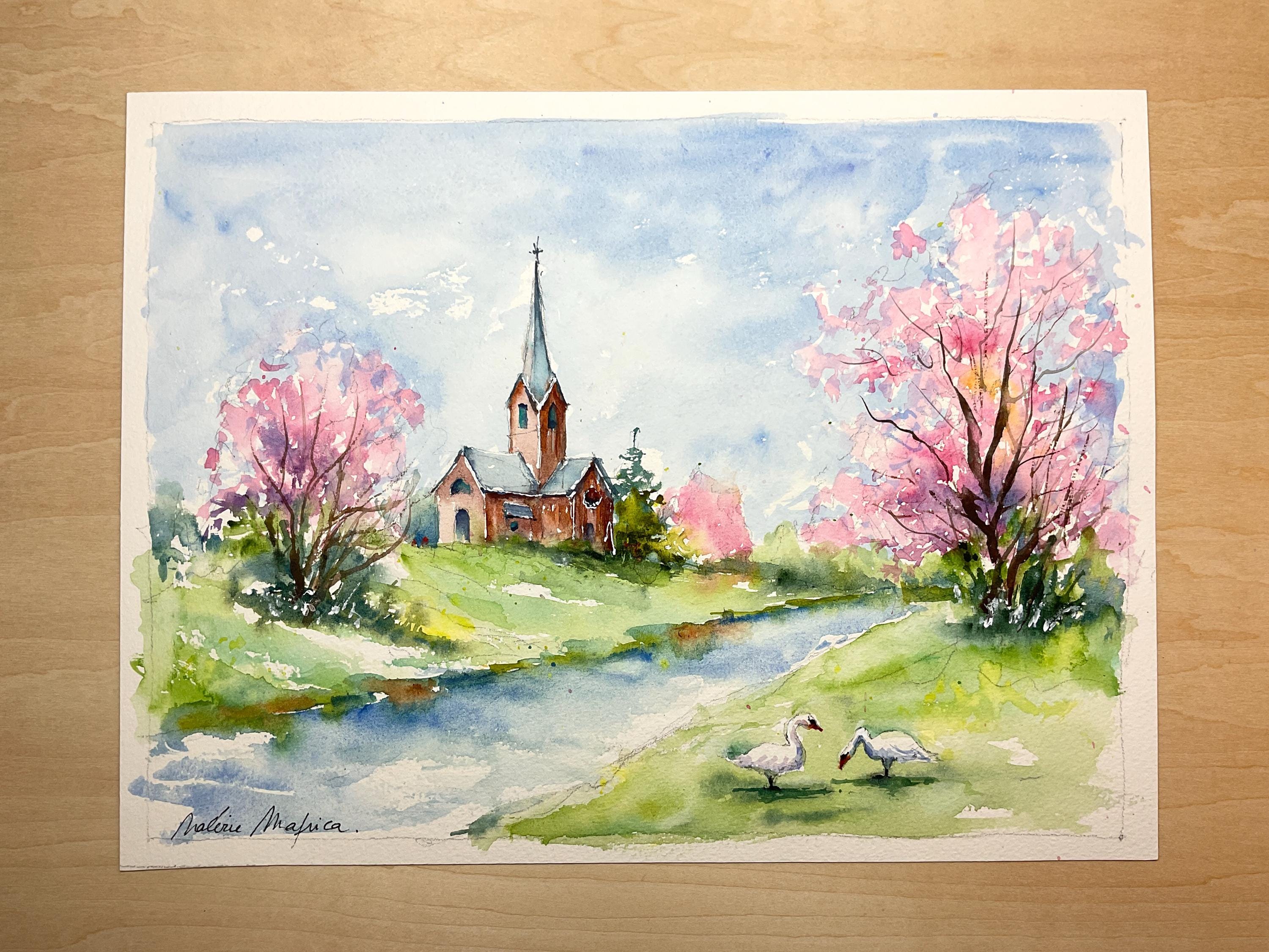 春の雰囲気、春の田舎の風景、ピンクの木、静かな水辺の小さな村を描い