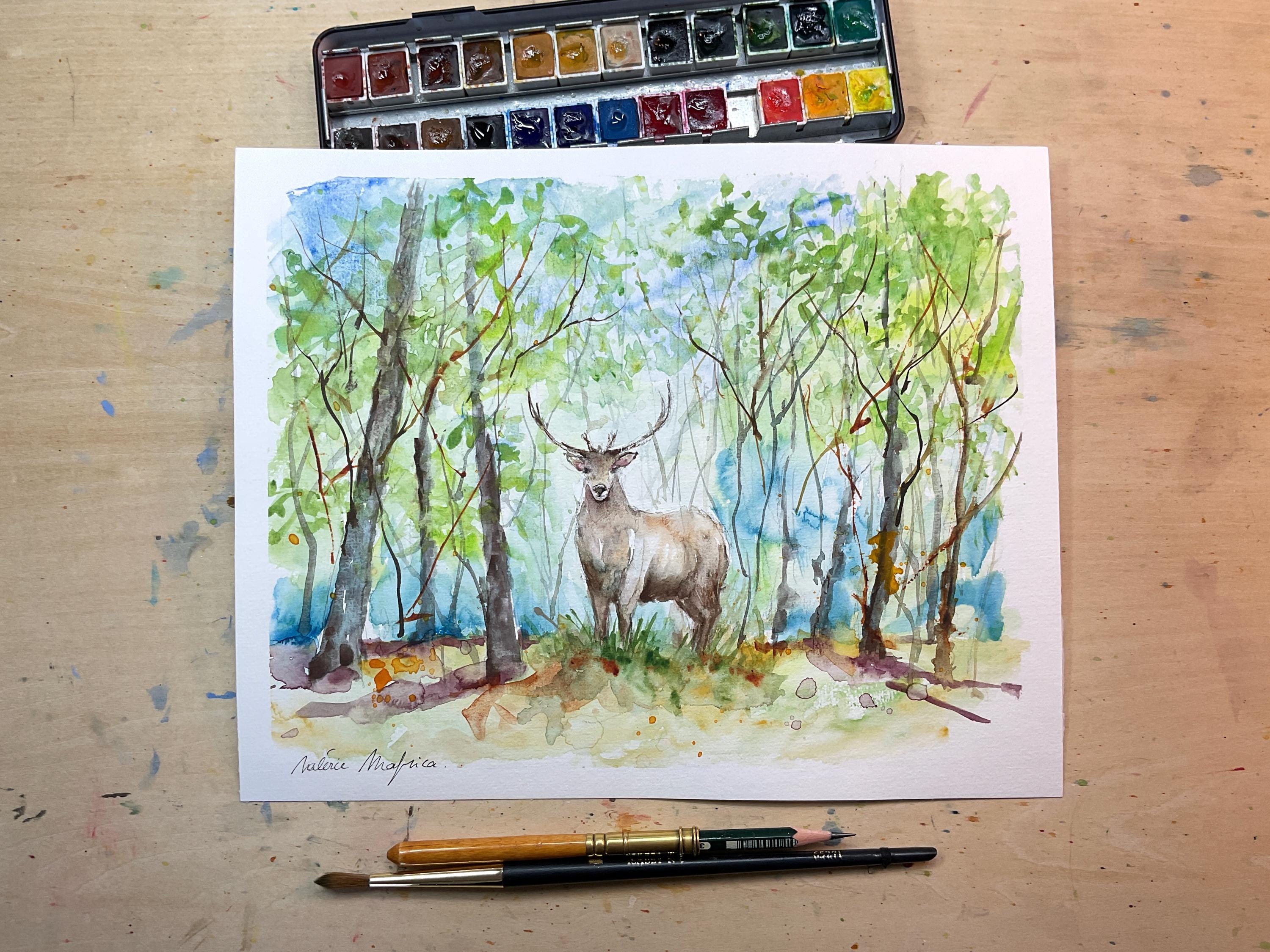 水彩画「鹿」 水彩画「鹿」 水彩画 白樺林に鹿 絵画 makochin 通販 14696122