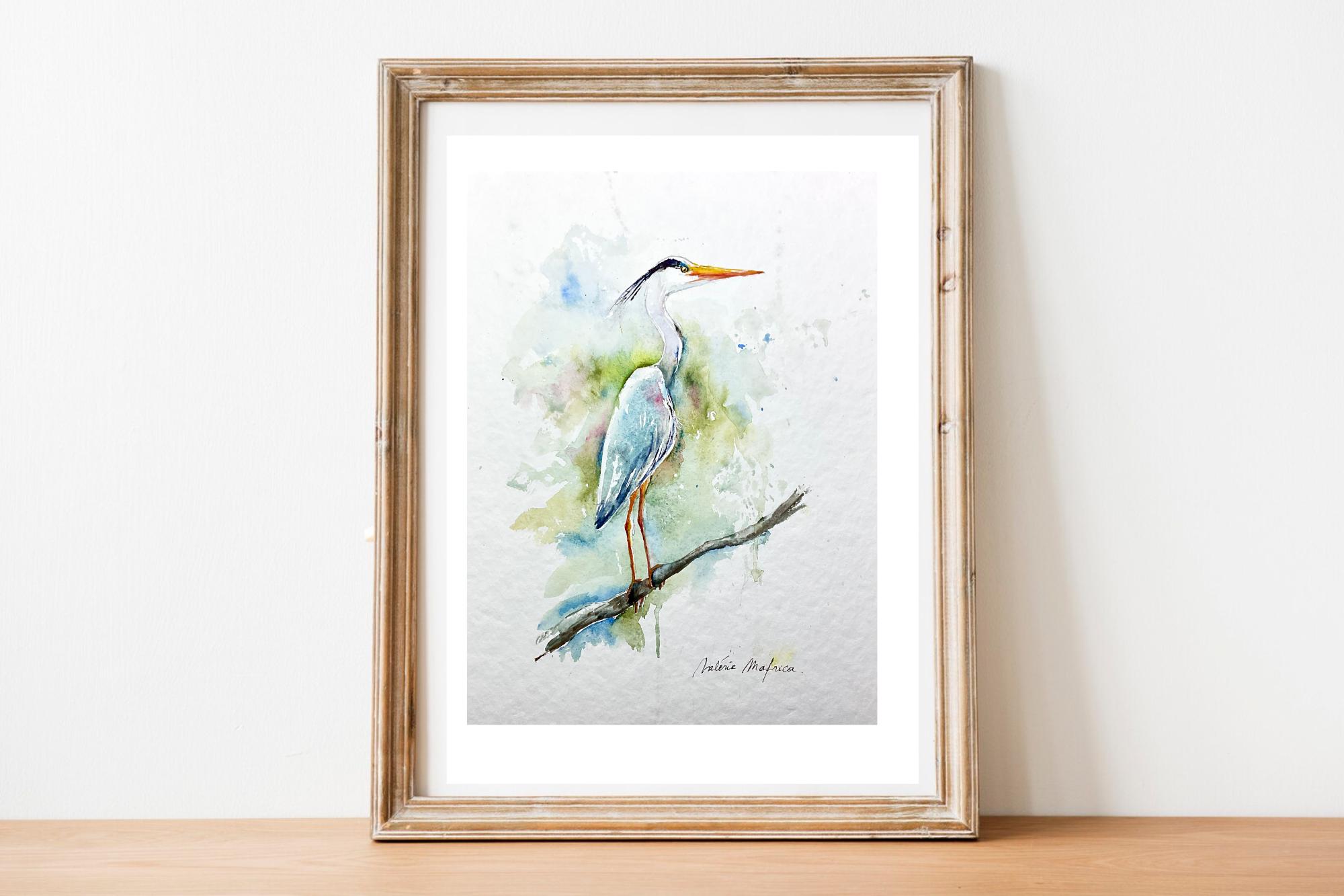 アオサギの絵画、オリジナルの水彩画、湿地や池の水鳥の絵画、鳥の