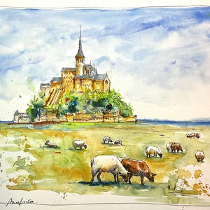 Mont Saint Michel en peinture aquarelle, tableau original du Mont Saint Michel en Normandie avec ses moutons, paysage de France célèbre