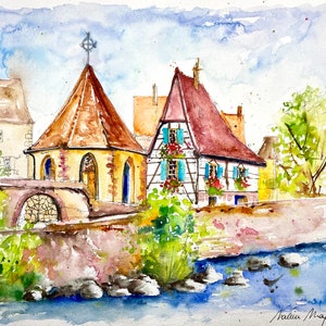 Acquerello dell'Alsazia, dipinto del villaggio di Kaysersberg, strada del vino dell'Alsazia, paesaggio della Francia, casa a graticcio, vigneto alsaziano