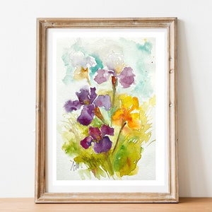 Originales Aquarellgemälde mit mehrfarbigen Schwertlilien im Garten, Beeten mit bunten und lebendigen Blumen im Frühling, florales Kunstwerk