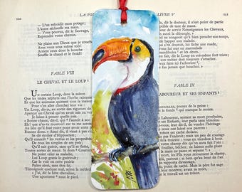 Hand painted toucan watercolor bookmark, exotic island and jungle bird painting, colorful bird bookmark