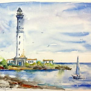 Paesaggio del faro sull'isola di Sein in Bretagna, acquerello marino originale di un faro con mare blu e gabbiani. Faro di Goulenez