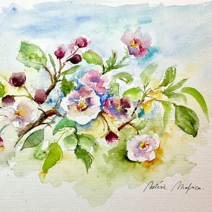 Dipinto originale ad acquerello raffigurante un ramo di melo in fiore - Dipinto floreale primaverile, arte botanica delicata e poetica, simbolo di rinascita