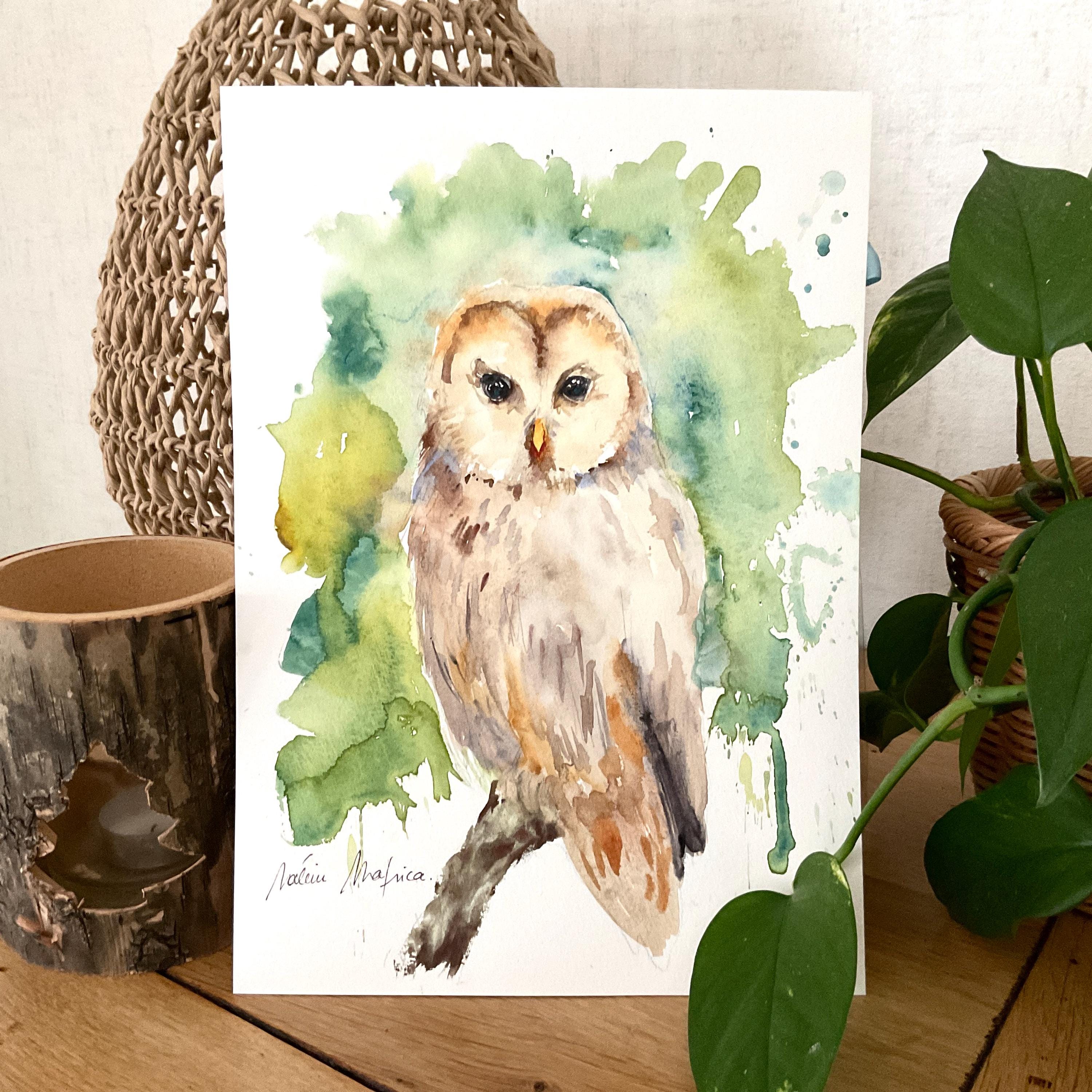 水彩フクロウ、オリジナルのフクロウの絵画、フクロウの装飾、フクロウ