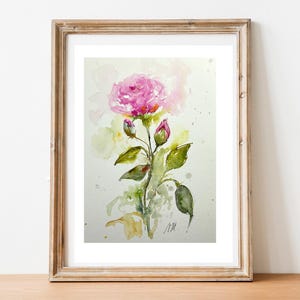 Acquerello originale di rosa in fiore, dipinto botanico romantico, illustrazione floreale unica, elegante decorazione murale per le donne