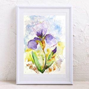 Couple of blue and purple irises from the gardens in original watercolor painting, spring purple and blue iris floral deco, gift floral art