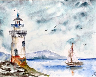 Landscape of lighthouse in bad weather, gray sky and storm in sight. Original lighthouse marine watercolor with sailboat, blue sea and birds