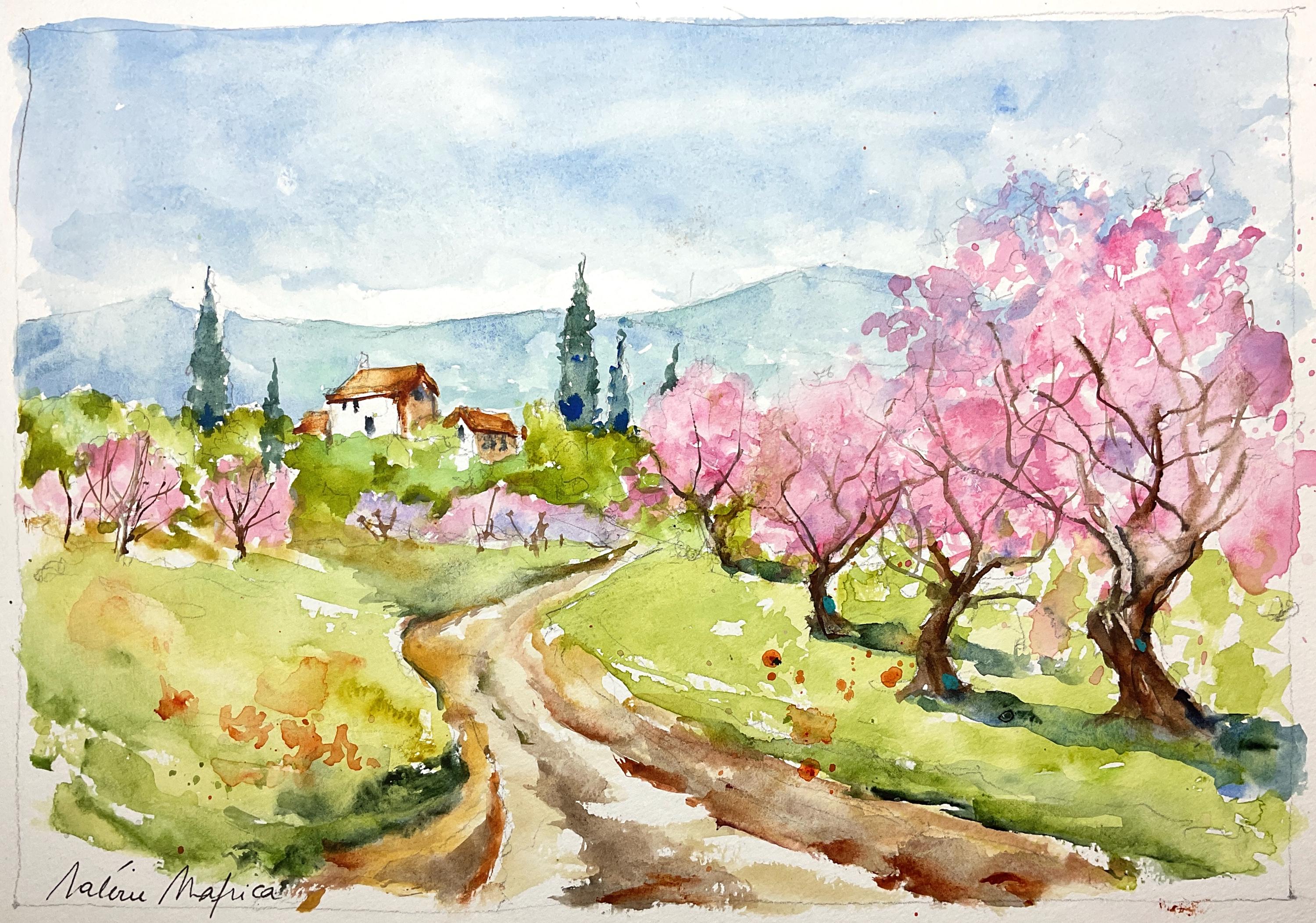 絵画「早春～ こぶしの咲くころ」　水彩画 春の気分、春の風景、ピンクのリンゴの木と青い山、プロヴァンスの道と
