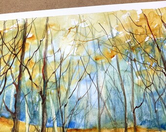 オリジナルの水彩画の森の絵画、下草の風景、木と自然の絵画、緑