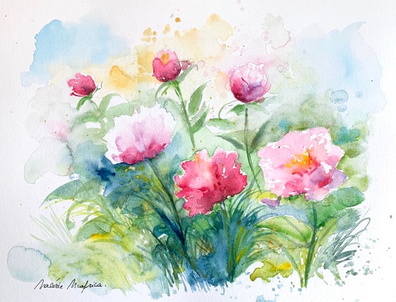 Aquarelle originale de pivoines roses du jardin , art mural peinture de  fleurs rose pivoine, tableau de fleurs, cadeau fête des mères -  France