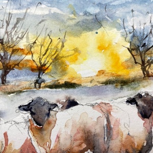 Peinture aquarelle de moutons, paysage de troupeau dans la campagne, peinture originale de moutons dans les prés au couchant, art mural image 2