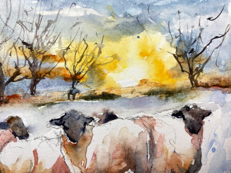 Peinture aquarelle de moutons, paysage de troupeau dans la campagne, peinture originale de moutons dans les prés au couchant, art mural image 2