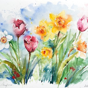 Aquarelle peinture originale de jonquilles, narcisses et tulipes du jardin au  printemps, décoration murale florale aux couleurs vives