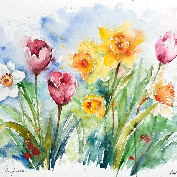 Aquarelle peinture originale de jonquilles, narcisses et tulipes du jardin au  printemps, décoration murale florale aux couleurs vives