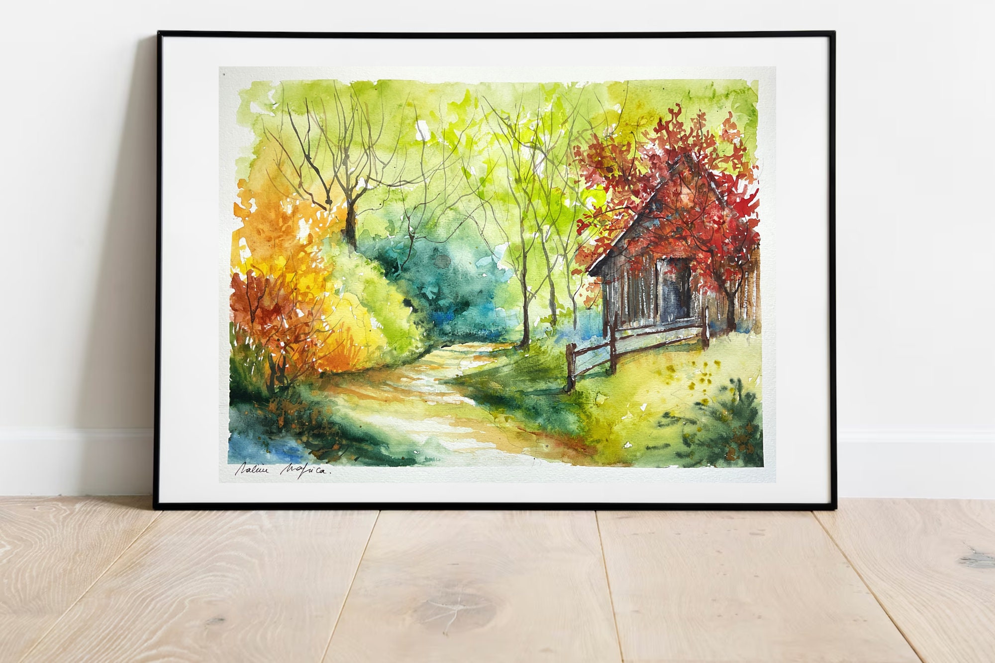 y*e様 風景画 水彩画 山と小屋 森の中の木々と小屋のオリジナル水彩画、森の風景、秋の