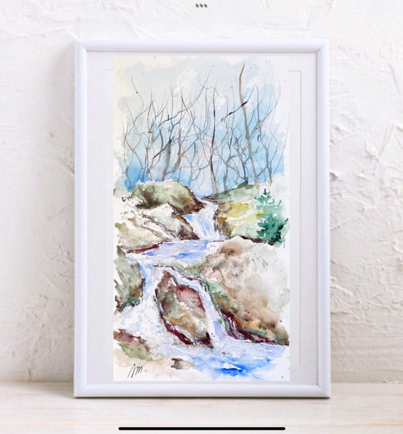 Original Watercolor Of Waterfall, Painting Of Torrent In Forest.