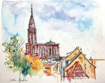 Strasbourg Notre Dame cathedral in watercolor, original gothic art painting, Alsace and Alsatian emblem, religious architecture artwork