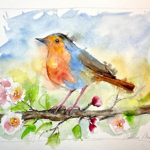 Dipinto originale di un pettirosso ad acquerello, opera d'arte su carta di un piccolo uccello da giardino, cameretta o regalo di nascita