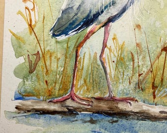 アオサギの絵画、アオサギのオリジナル水彩画、沼地や池の水鳥の絵画