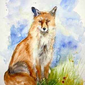 Original watercolor red fox, original painting of a fox, fox art, fox decoration, red fox illustration, little fox, vixen picture image 2