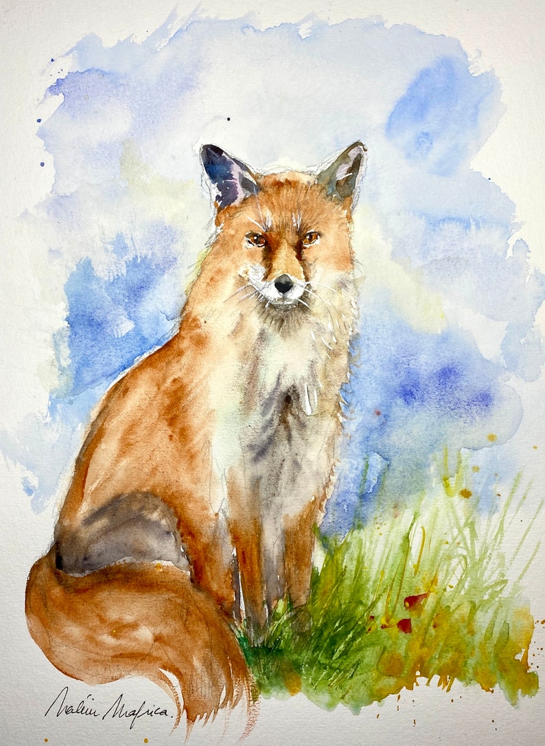 Original watercolor red fox, original painting of a fox, fox art, fox decoration, red fox illustration, little fox, vixen picture image 2