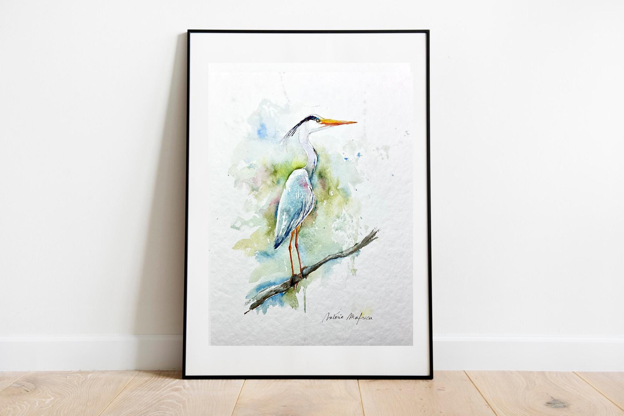 アオサギの絵画、オリジナルの水彩画、湿地や池の水鳥の絵画、鳥の