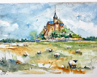 Mont Saint Michel in watercolor painting, small original miniature painting of Mont Saint Michel in Normandy, famous France landscape art