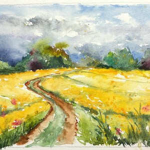 Paesaggio primaverile originale ad acquerello, sentiero attraverso campi di colza, opera luminosa unica, arte della campagna francese