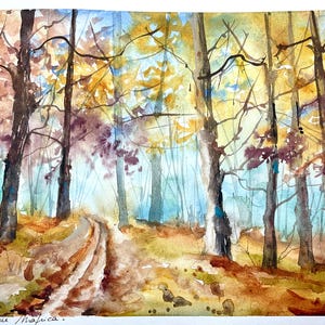 Aquarel van herfstbos, origineel schilderij van boslandschap, tekening van bomen in het bos, wandelpad, bospad