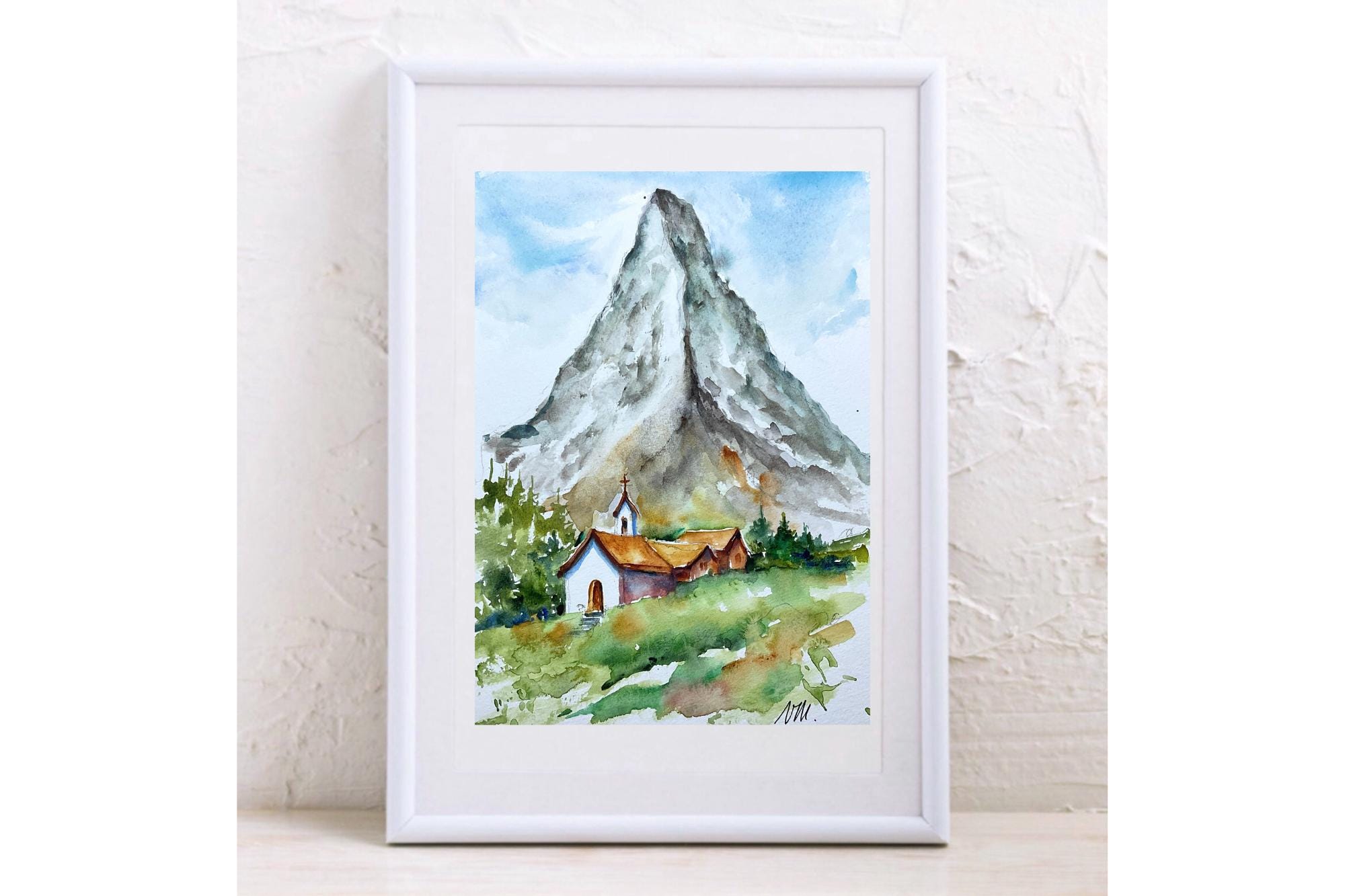 夏のマッターホルンの水彩画。スイスアルプスのマッターホルンの風景