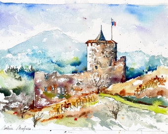 Castle of Kaysersberg Alsace France Vosges, old ruined medieval castle painting, original watercolor wall art, fortress , old stones typical
