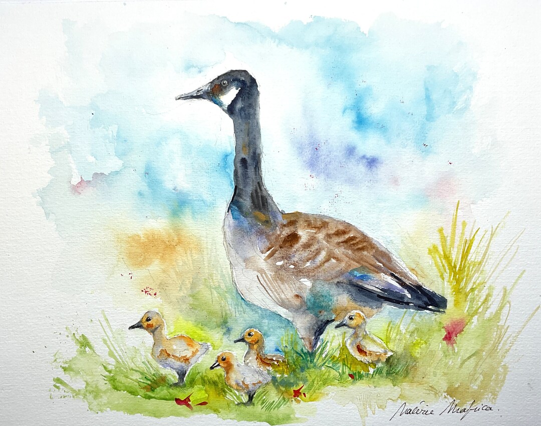 Original Painting of a Canada Goose and Its Babys Goose, Mom Goose