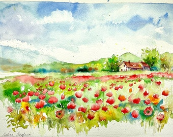 Pintura original de paisaje en acuarela de campos de amapolas, paisaje de amapolas rojas y una casa de campo provenzal en el sur de Francia.