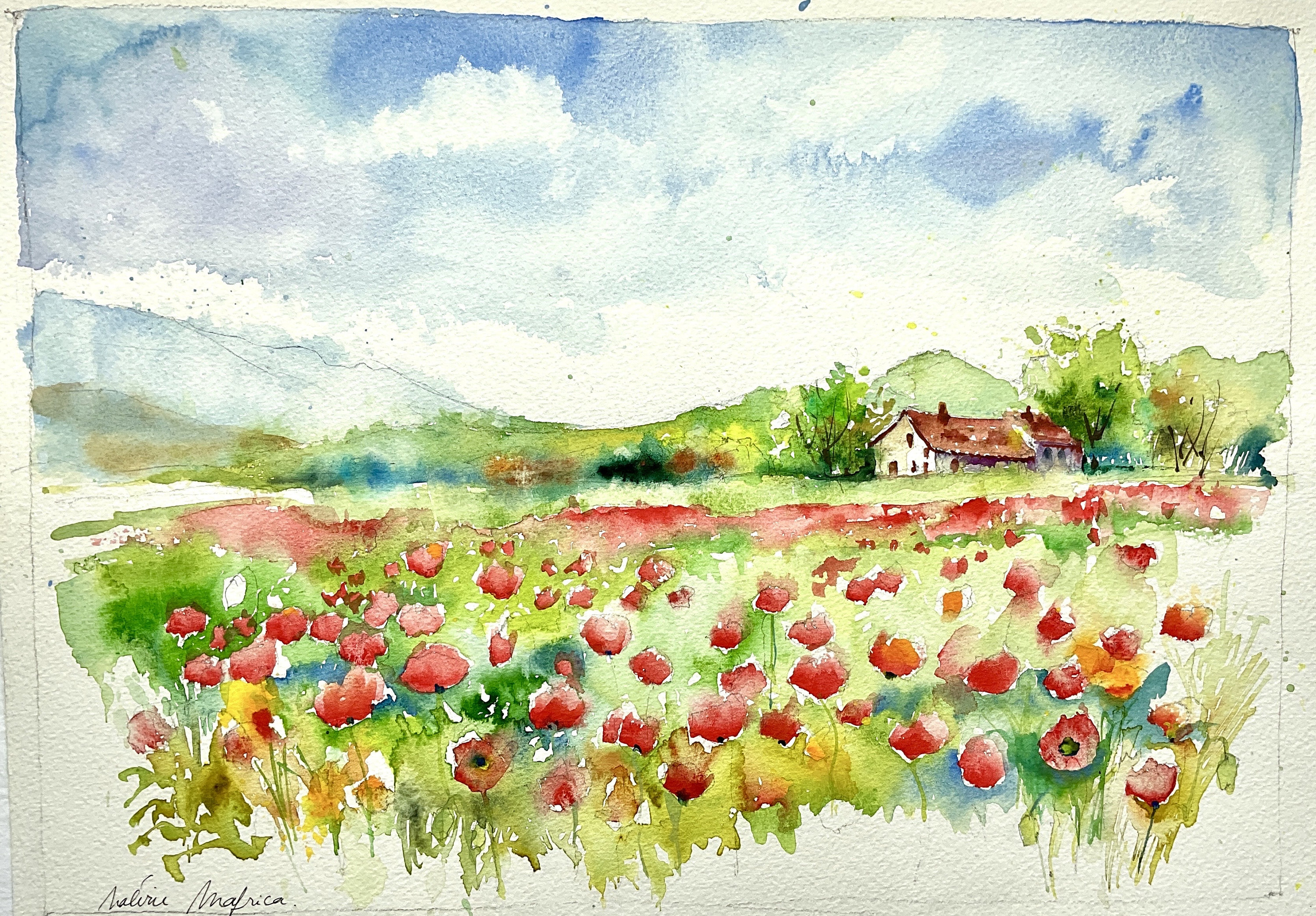 ケシ畑、赤いケシの風景、南フランスのプロヴァンスの農家を描いた