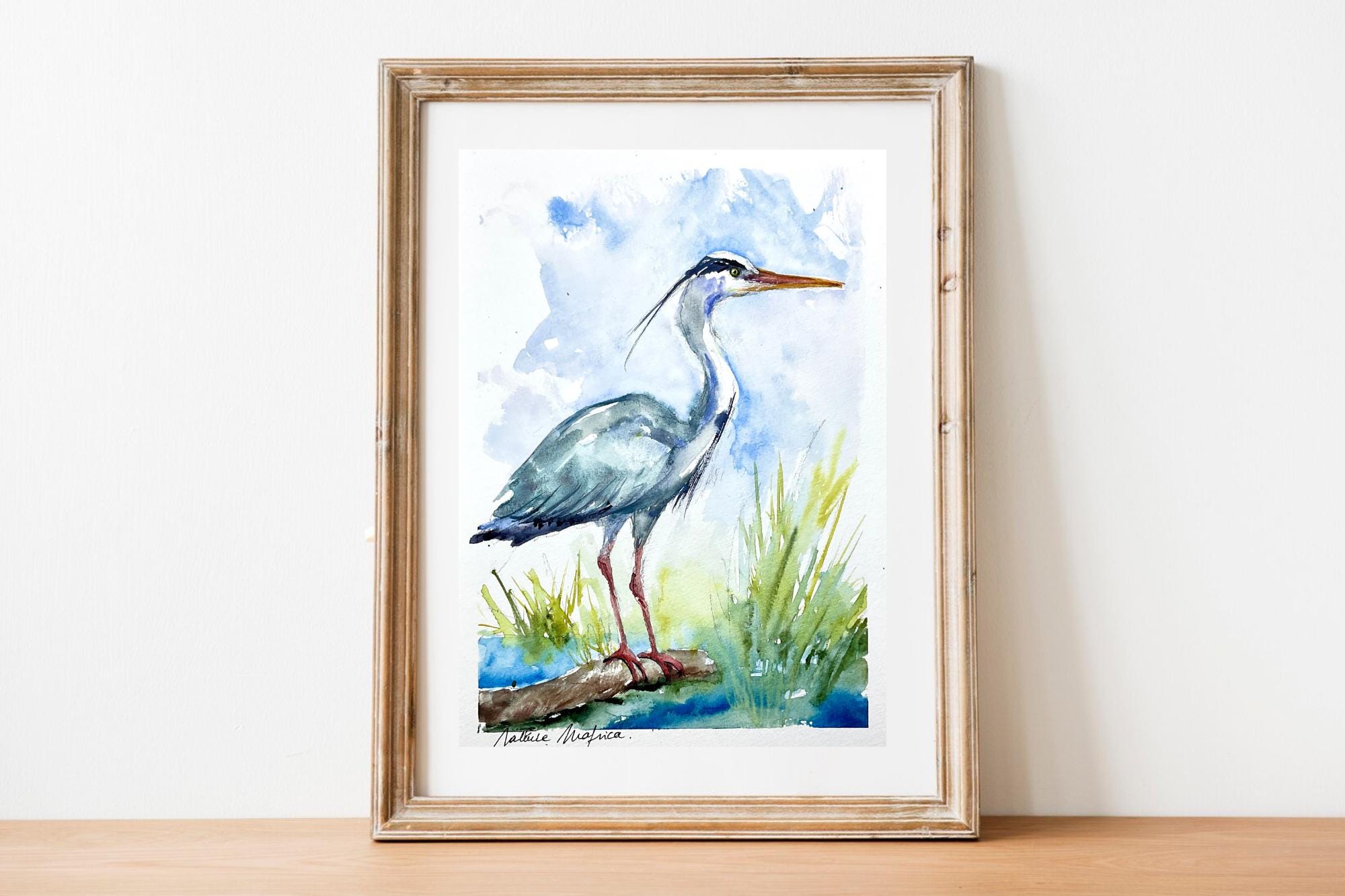 アオサギ油彩画 アオサギの絵画、アオサギのオリジナル水彩画、沼地や池の水鳥の絵画