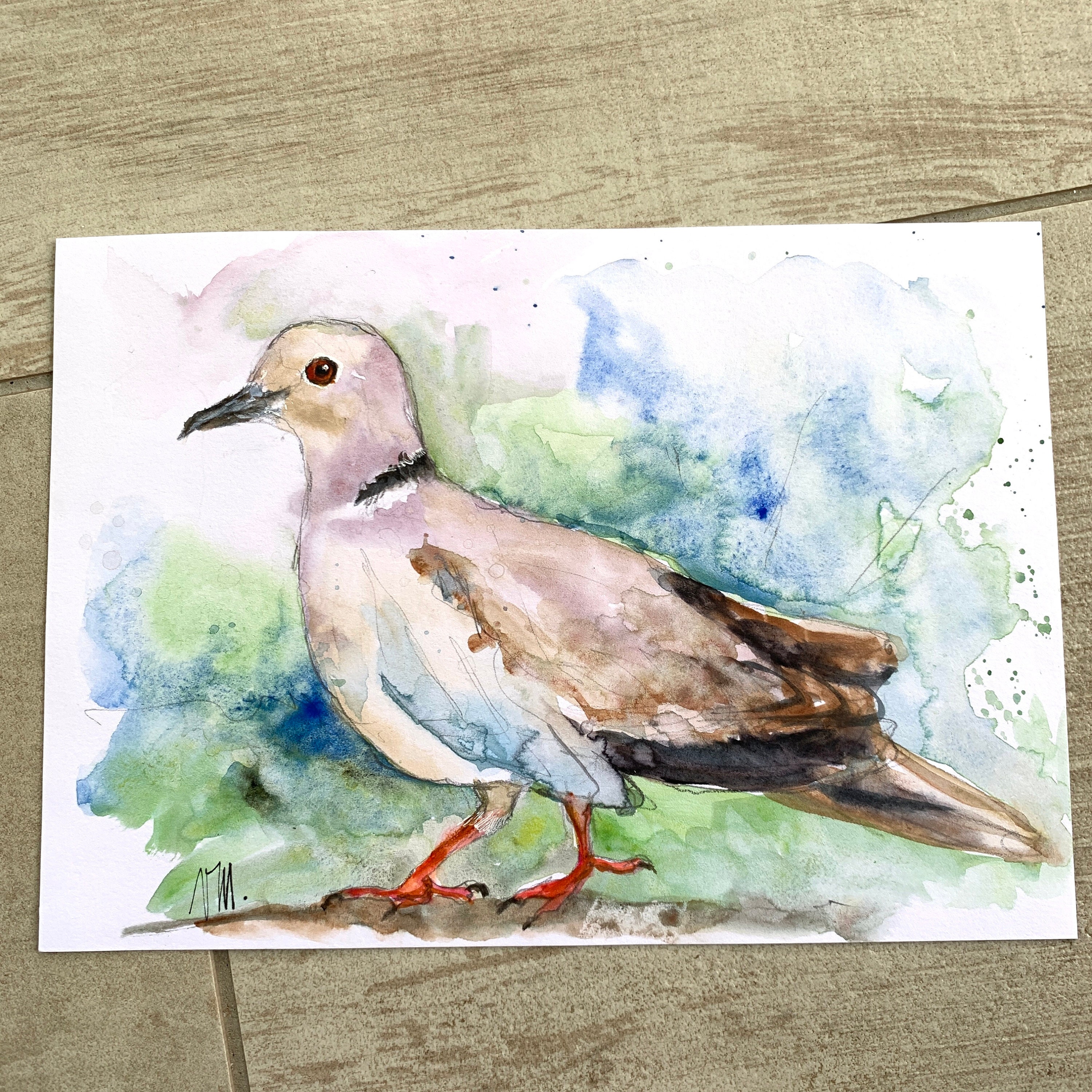 手書き絵画 キジバトのオリジナル水彩画、森や庭の鳥の装飾的な壁画、キジバト