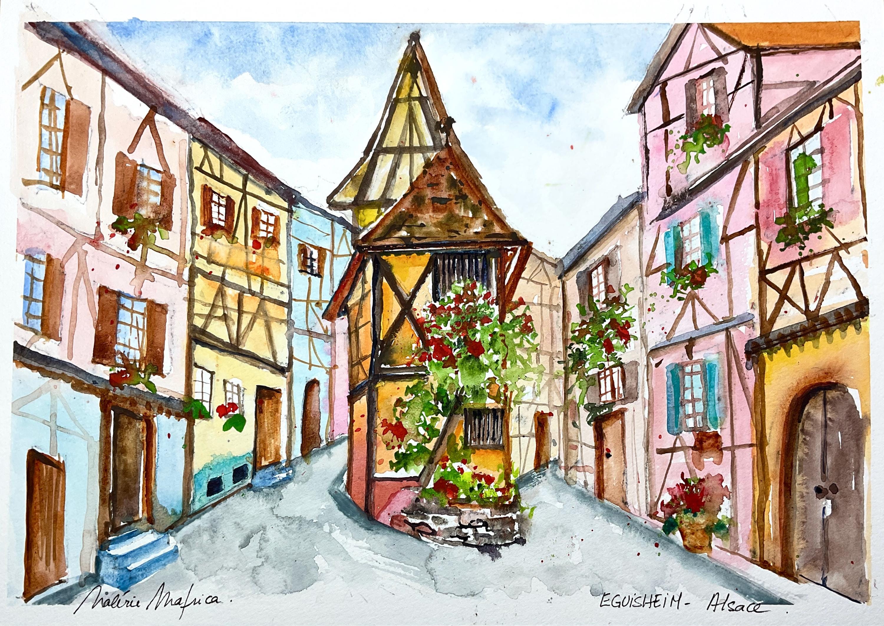 ワイン　チーズ　絵画　ヨーロッパ風景画 アルザスの水彩画、エギスハイム村の絵画、アルザスワイン街道