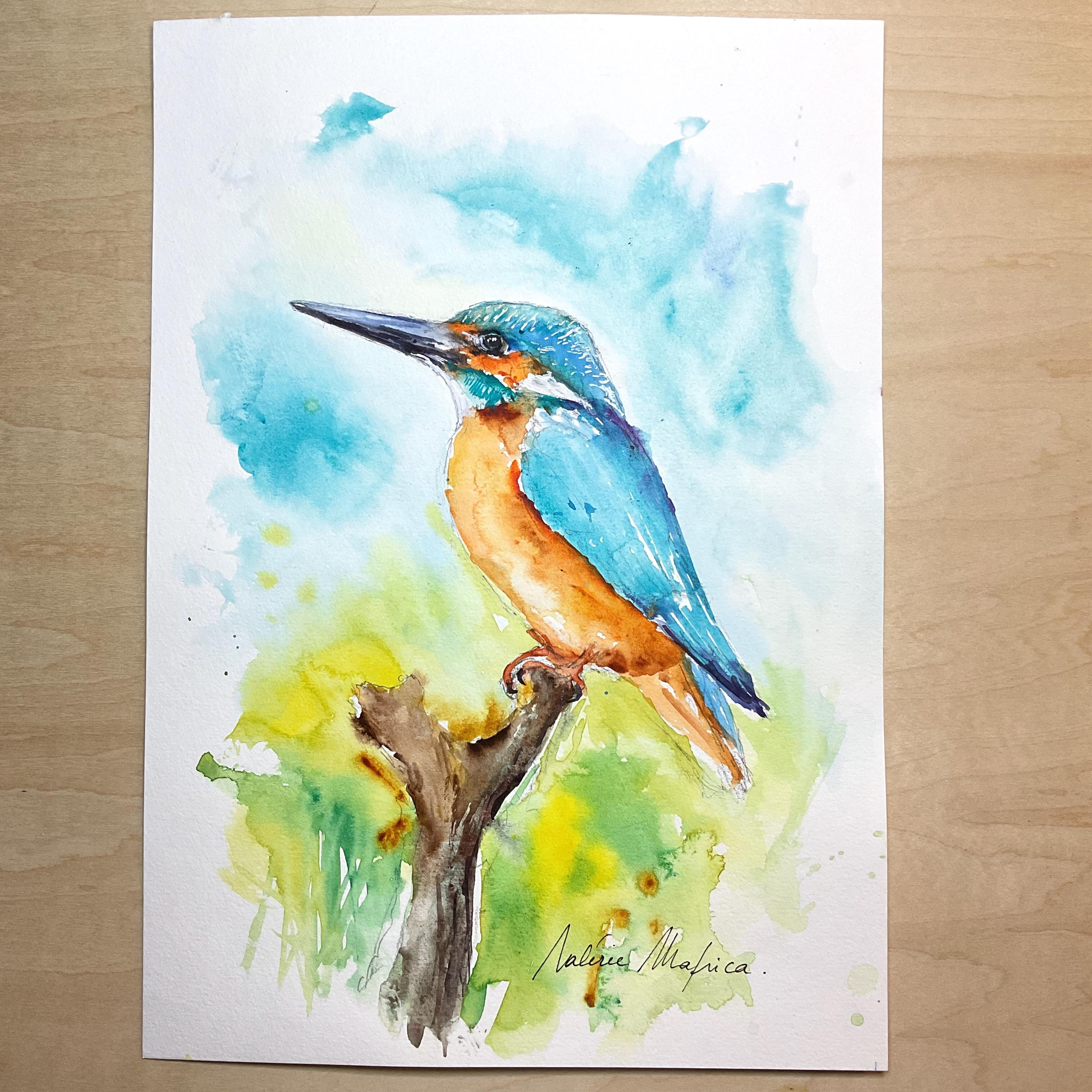 カワセミのオリジナル水彩画、鳥類学の壁画、池や森の美しい色鮮やかな