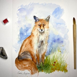 Original watercolor red fox, original painting of a fox, fox art, fox decoration, red fox illustration, little fox, vixen picture image 4