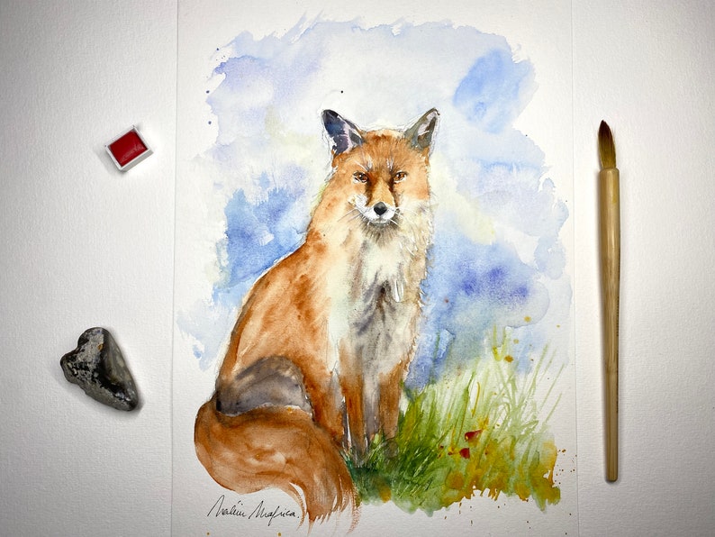 Original watercolor red fox, original painting of a fox, fox art, fox decoration, red fox illustration, little fox, vixen picture image 4