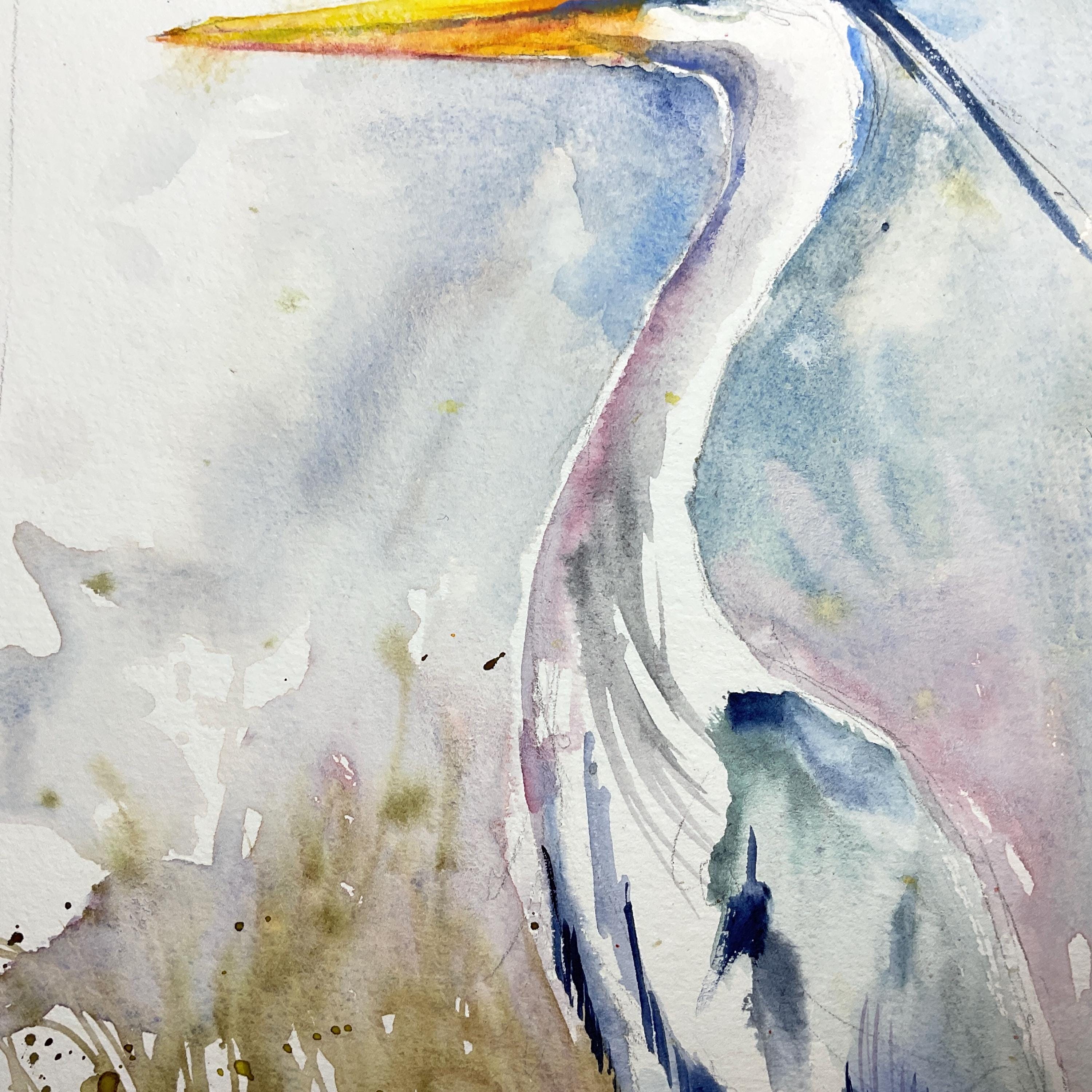 アオサギの絵画、アオサギのオリジナル水彩画、沼地や池の水鳥の絵画